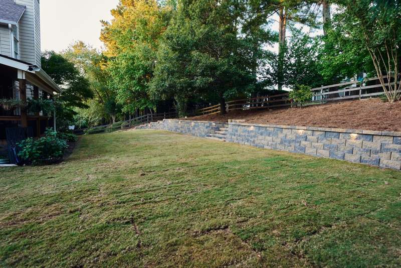 completed 90 ft retaining wall and walkway in Forsyth County GA